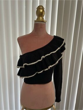 Forever 21- medium- Black One-Shoulder Ruffle Sweater with White Trim